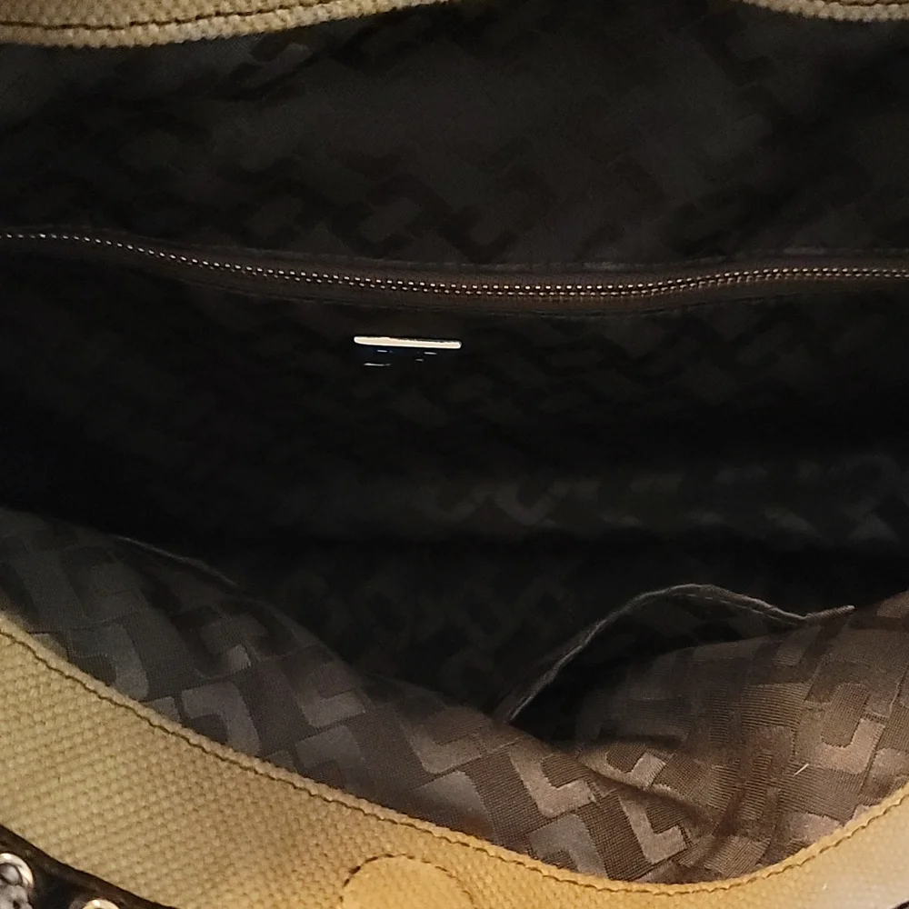 Diane Von Furstenberg Khaki Canvas and Black Leather Hobo with Silver Hardware